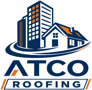 Atco Roofing logo with buildings, house and orange roof